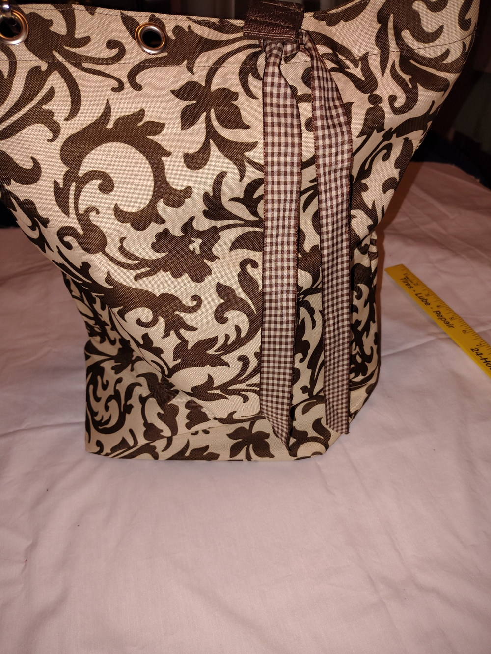 Cream and Brown Floral Scroll Tote Bag with Ribbon Detail